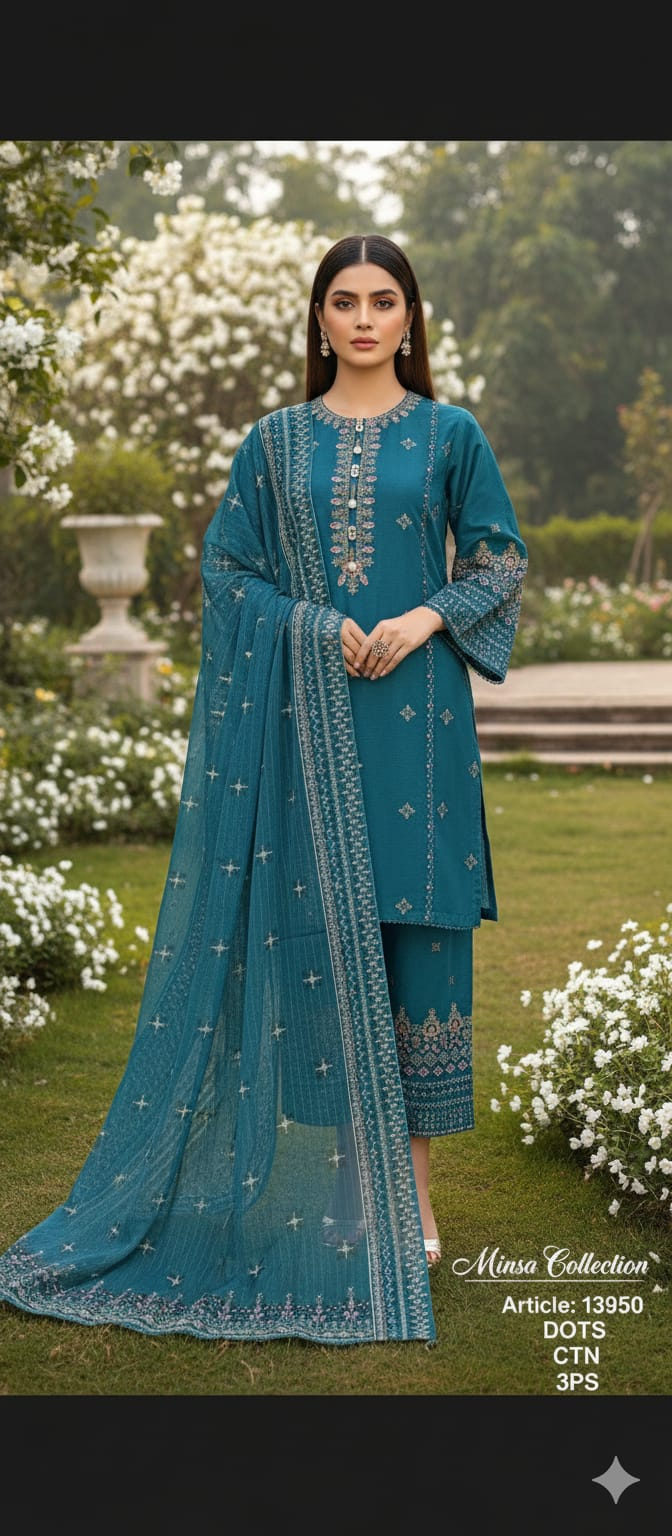 Teal Grace Embroidered Cotton 3-Piece Suit