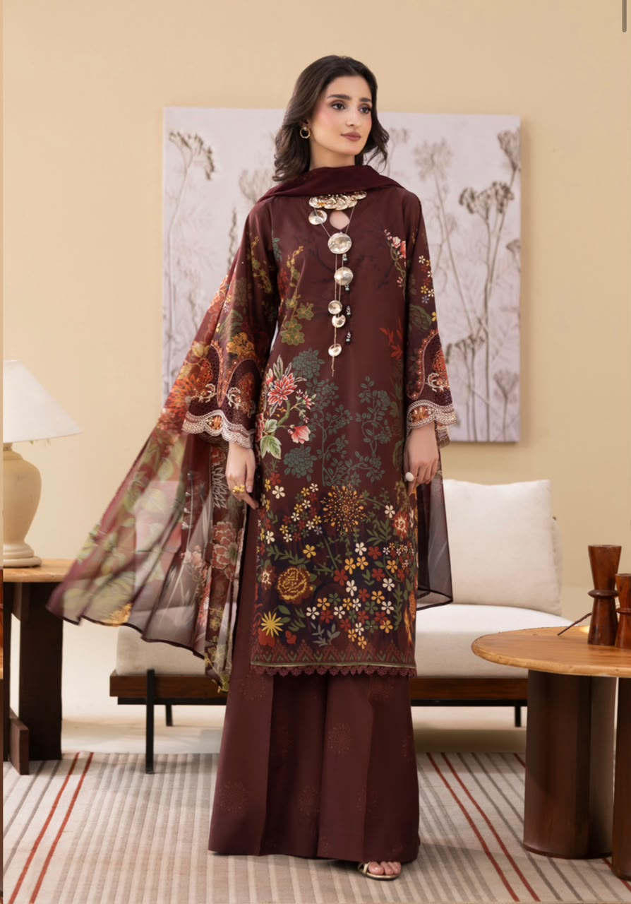 Maroon Blossom Digital Printed 3-Piece Suit