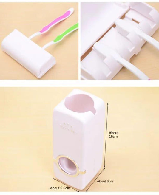Touch-Free Toothpaste Dispenser with Brush Holder, White ABS Plastic, No Tools Required