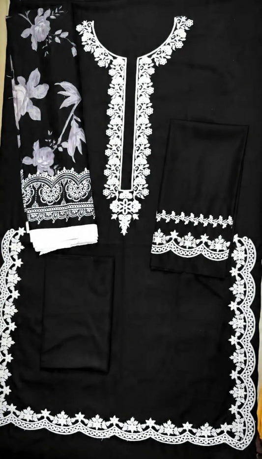 Black Embroidered Kurta Set with Shawl for Women