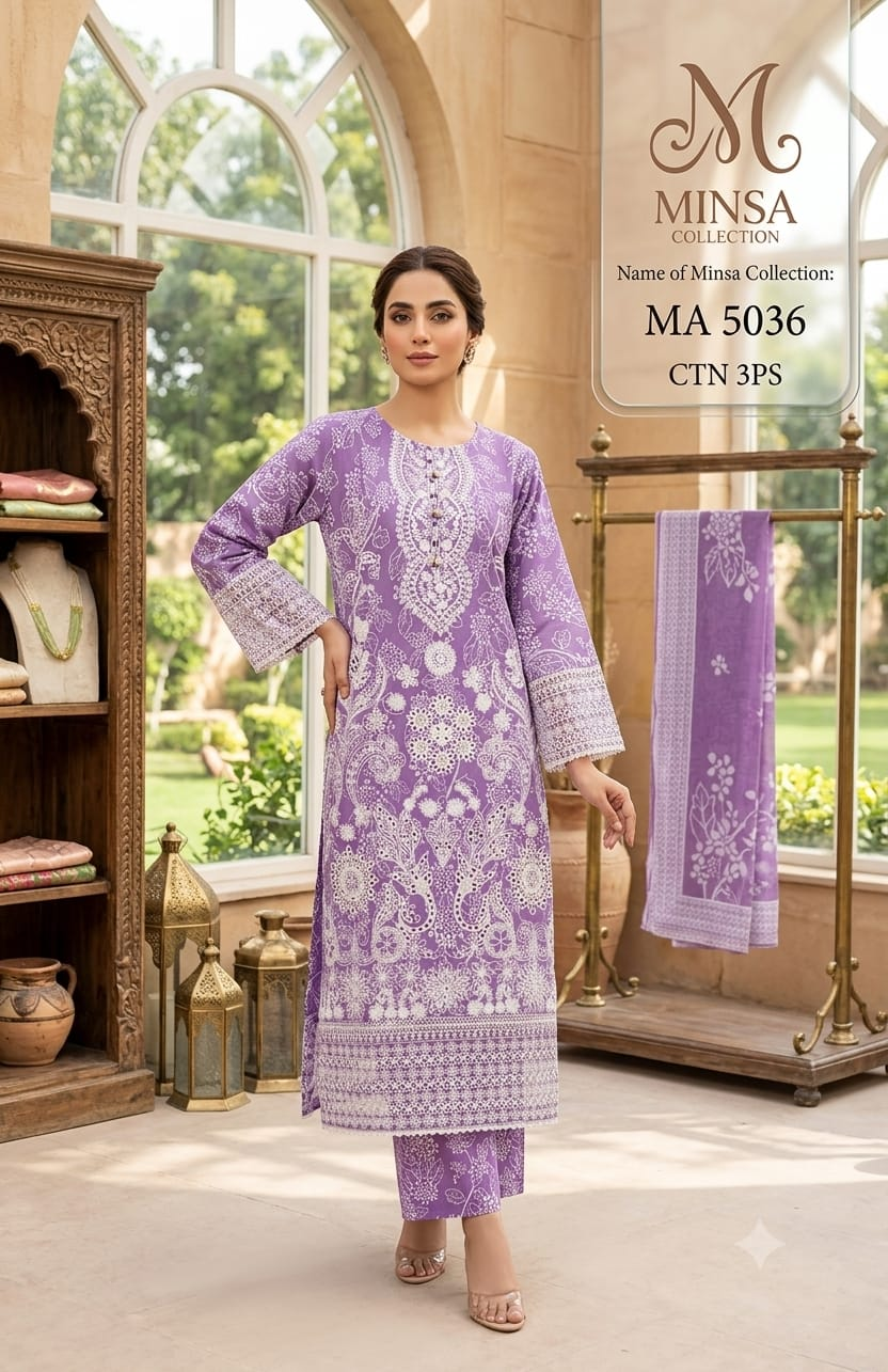 Lavender Elegance Printed Cotton 3-Piece Suit