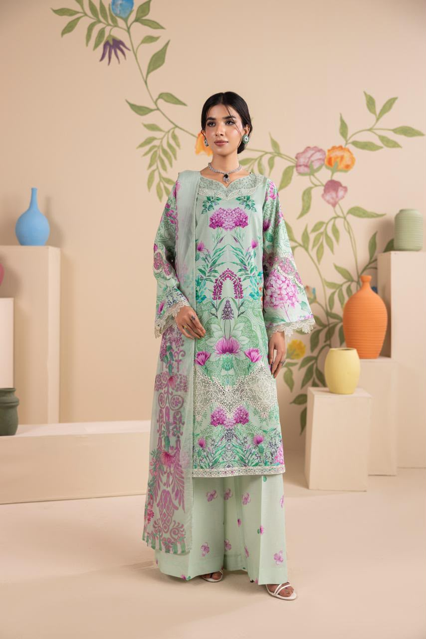 Elegant Mint Green Floral Printed 3 Piece Lawn Suit with Dupatta