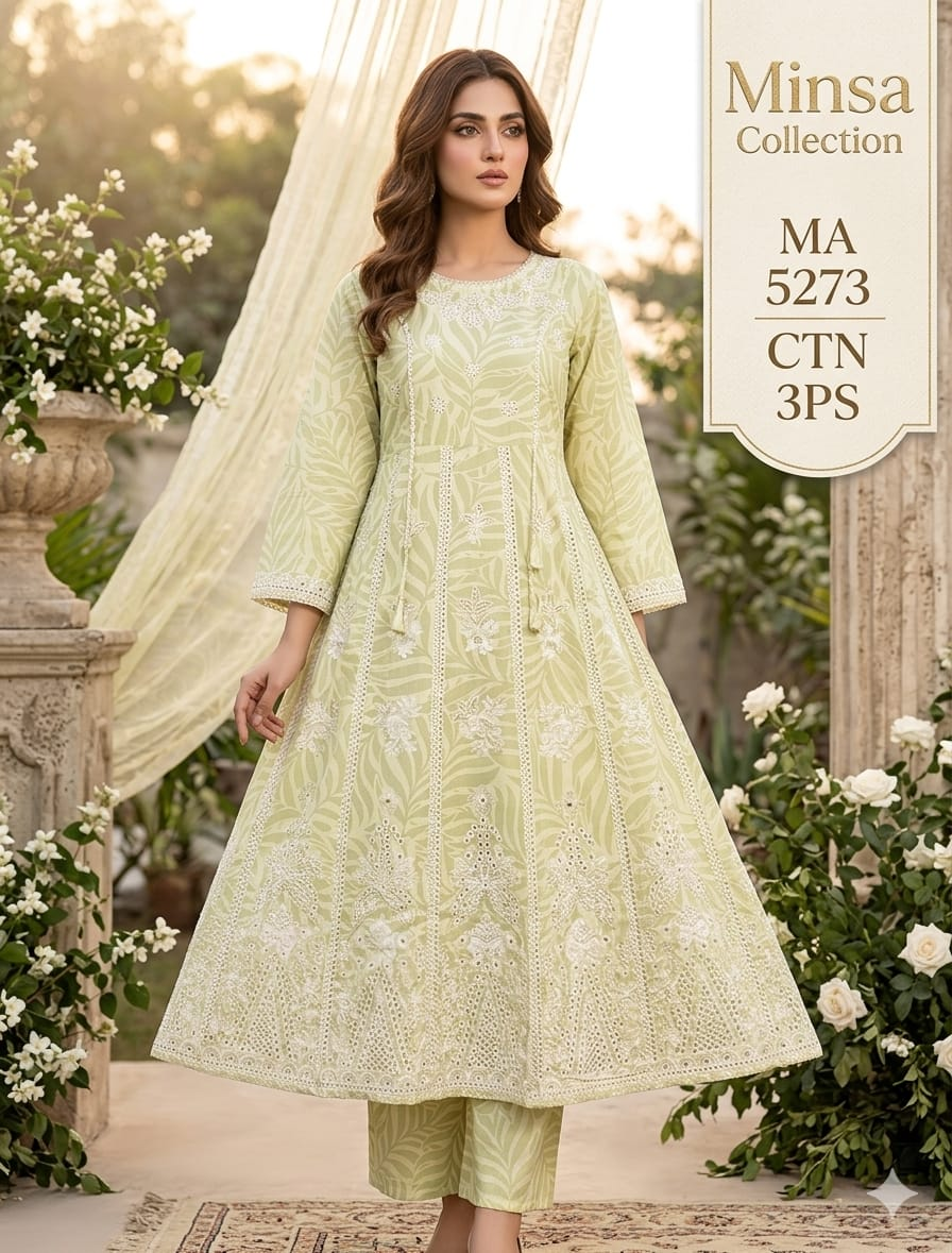 Luxury Pistachio Green Embroidered 3 Piece Cotton Suit