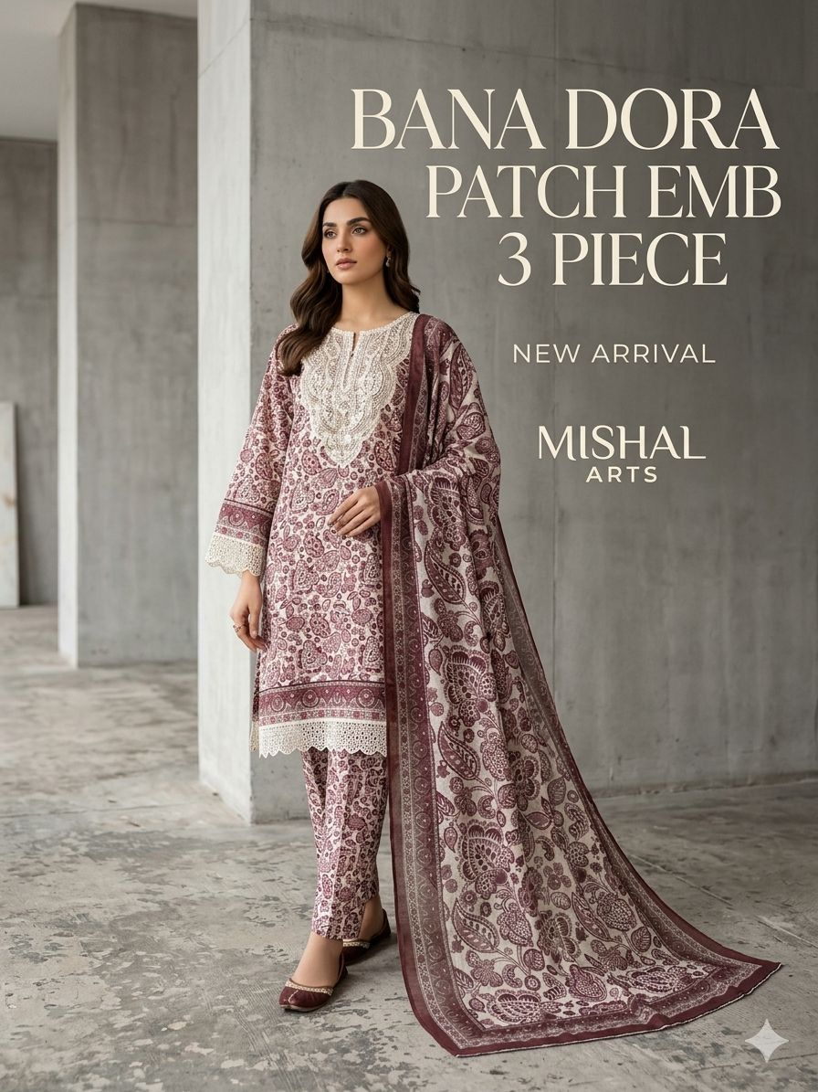Mishal Arts Bana Dora Patch Embroidered 3 Piece Suit – Maroon Printed Collection