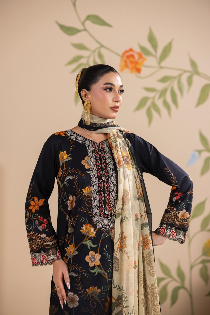 Elegant Black Floral Printed 3 Piece Lawn Suit for Women