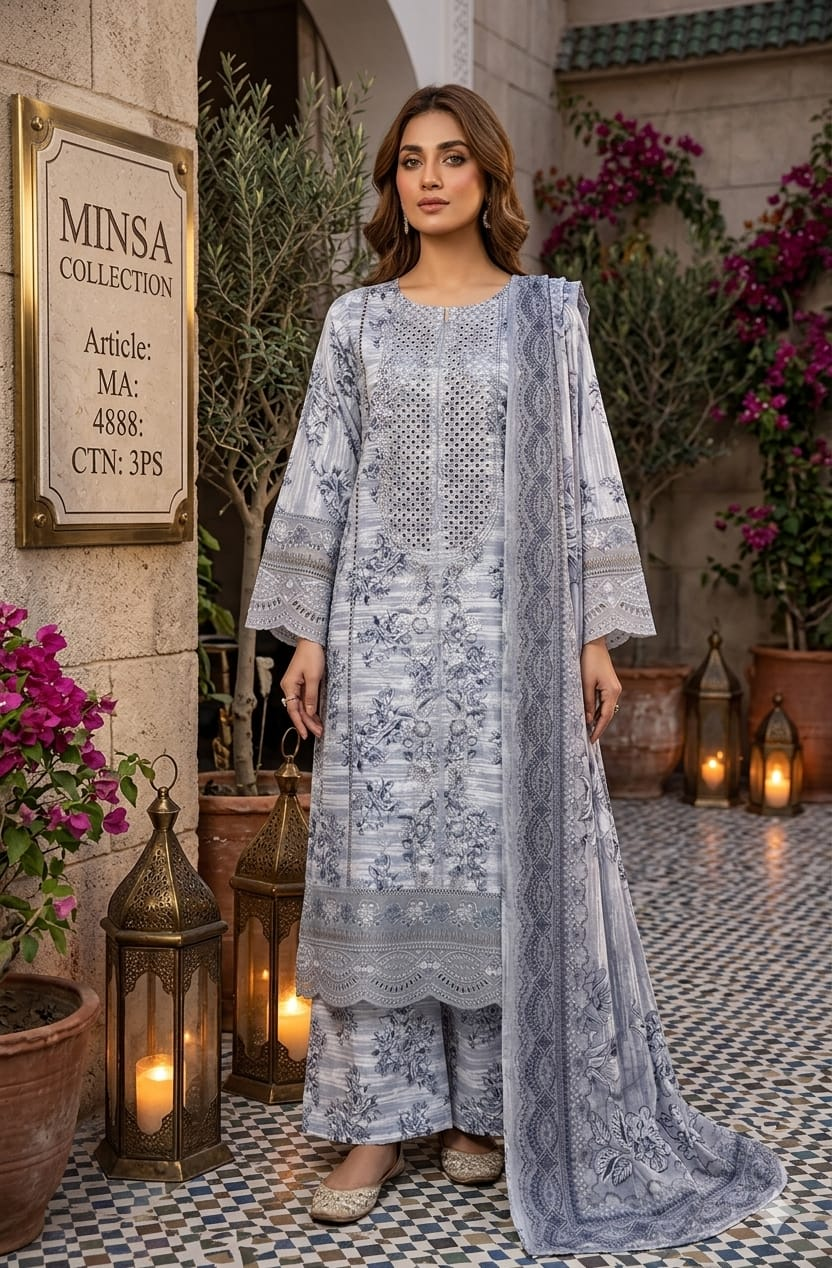 Elegant Black Printed 3 Piece Unstitched Lawn Suit For Women