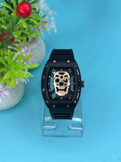 Luxury Non-Waterproof Skull Skeleton Concept Watch – Bold Tonneau Case with Sporty Silicone Strap (Without Box) - Black
