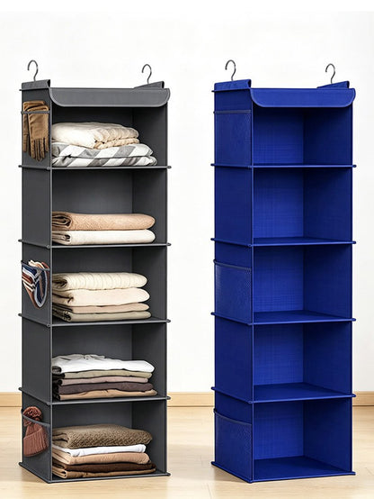 5 Shelf Clothes Hanging Organizer | Foldable Wardrobe Section Storage | Durable Fabric & Plastic