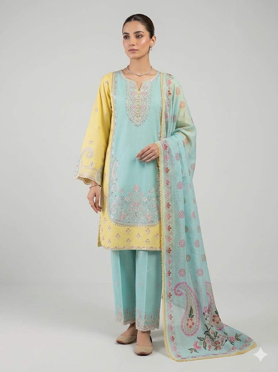 Pastel Elegance 3-Piece Embroidered Suit