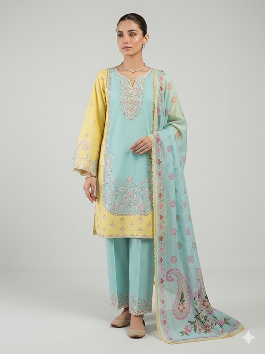 Pastel Elegance 3-Piece Embroidered Suit