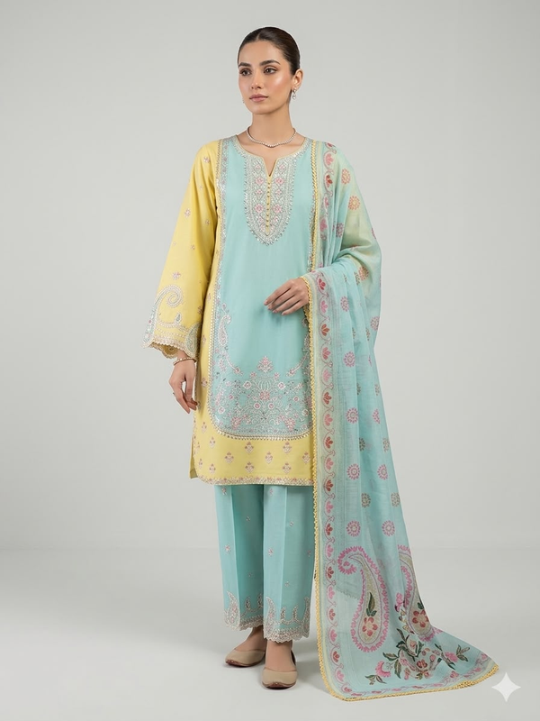 Pastel Elegance 3-Piece Embroidered Suit