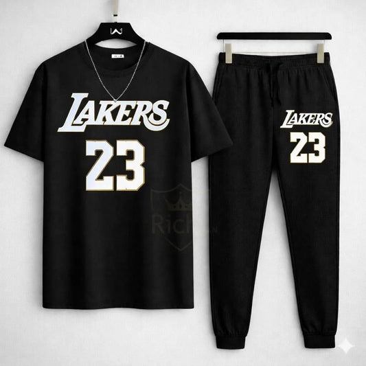 Men Black Lakers 23 Track Suit Set Cotton Summer