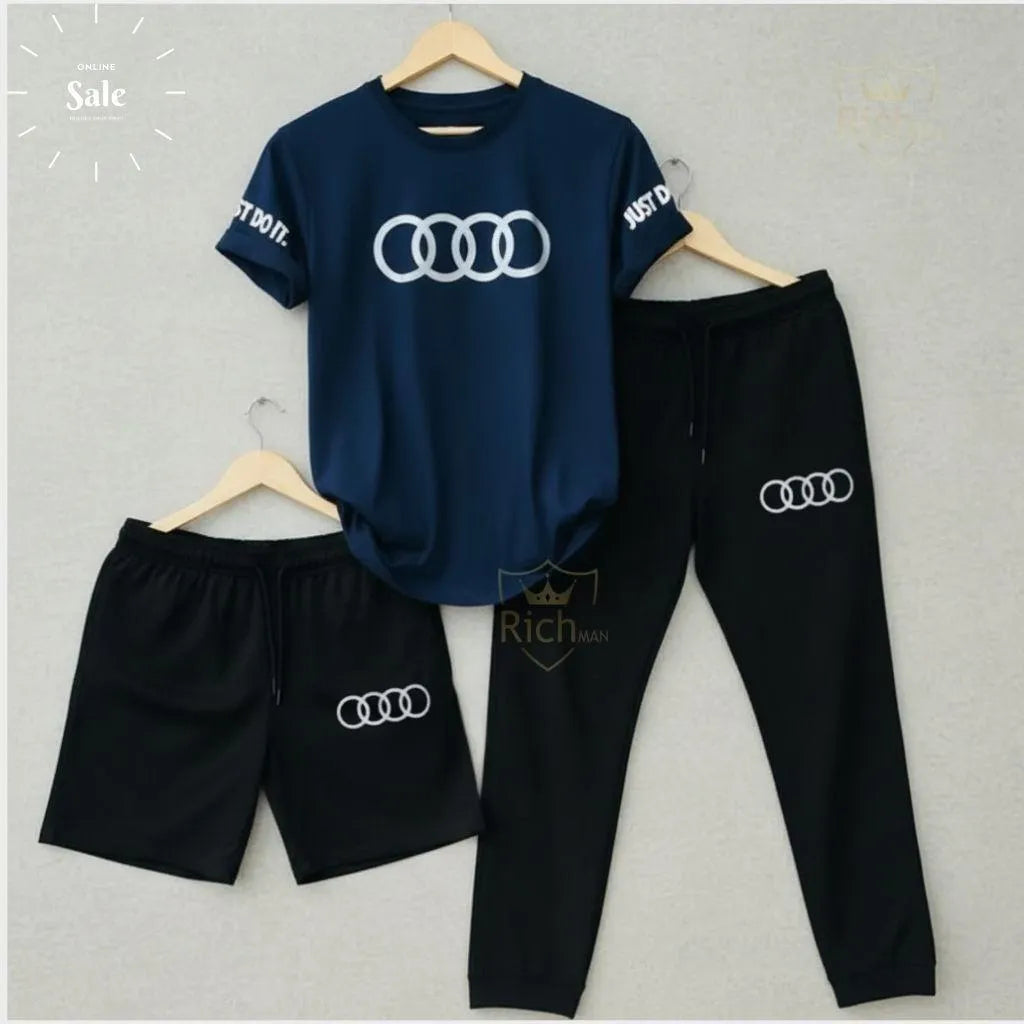 Audi Logo Tracksuit Set for Men Cotton Black Shorts