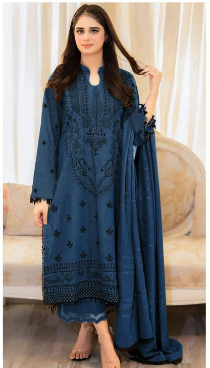 Blue Embroidered 3-Piece Dhanak Suit for Women