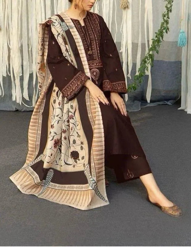 3-Piece Embroidered Brown Lawn Suit for Women