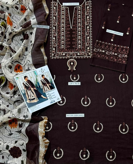 3-Piece Embroidered Brown Lawn Suit for Women