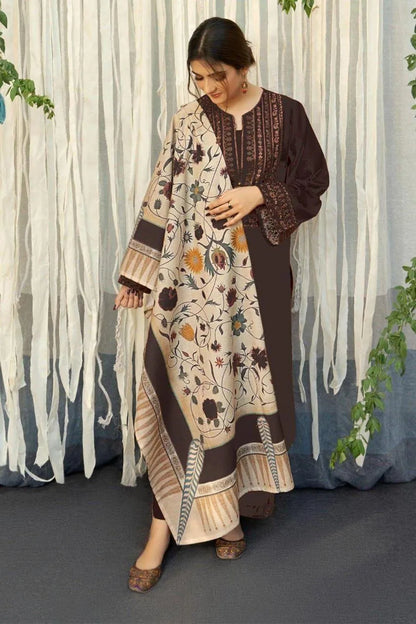 3-Piece Embroidered Brown Lawn Suit for Women