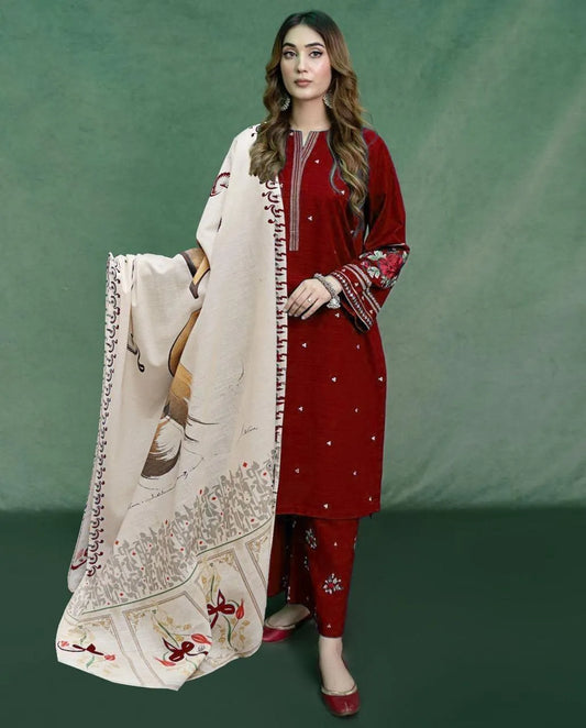 Women Red Digital Print 3Pcs Suit with Silk Dupatta