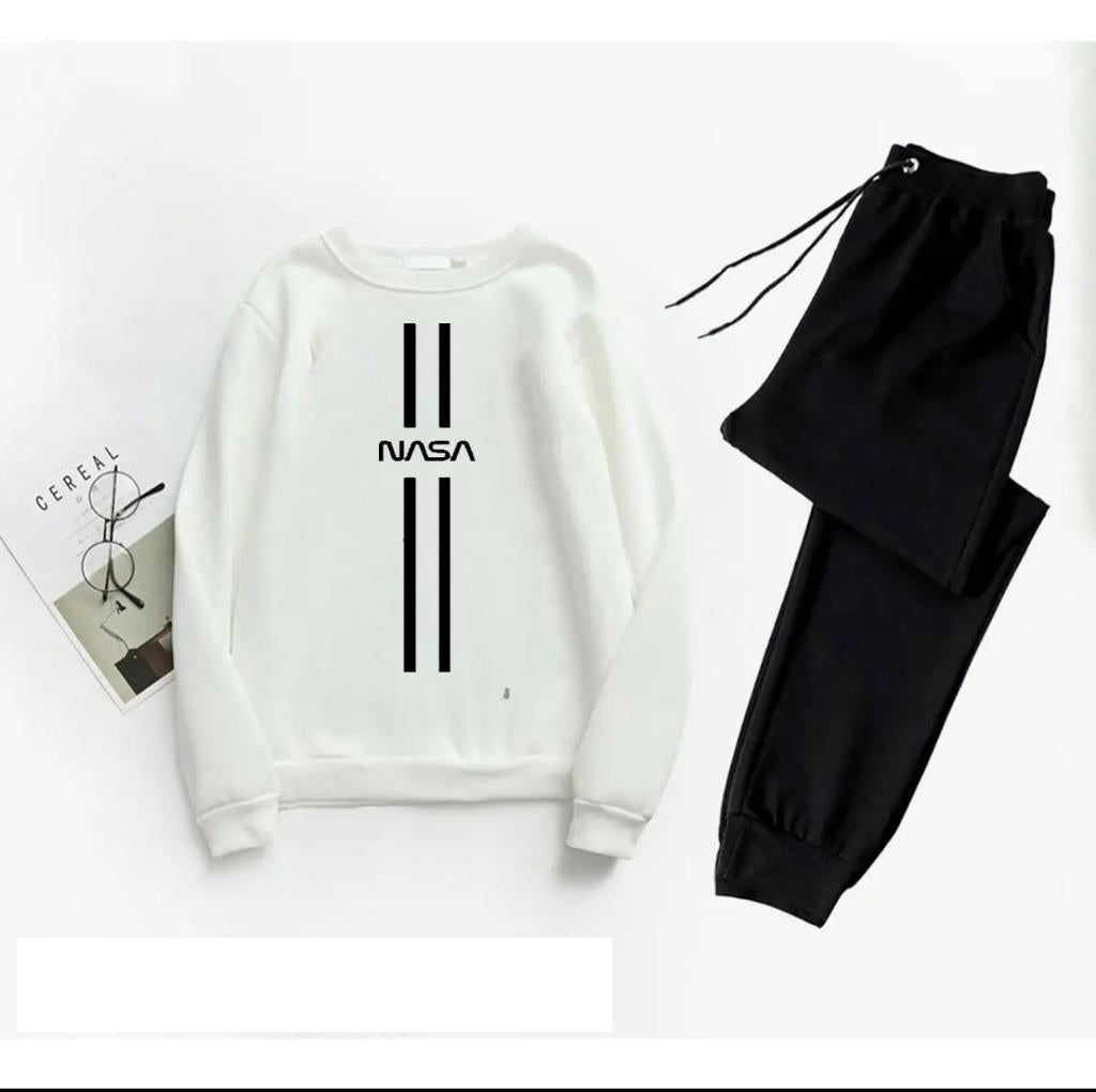 Men NASA Printed Track Suit White Black 2Pcs Medium to XL