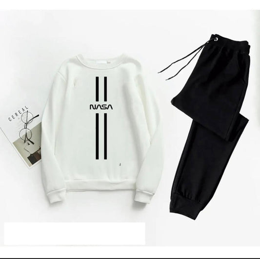 Men NASA Printed Track Suit White Black 2Pcs Medium to XL