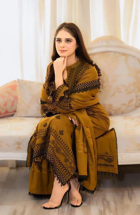 3-Piece Dhanak Embroidered Suit Yellow Black