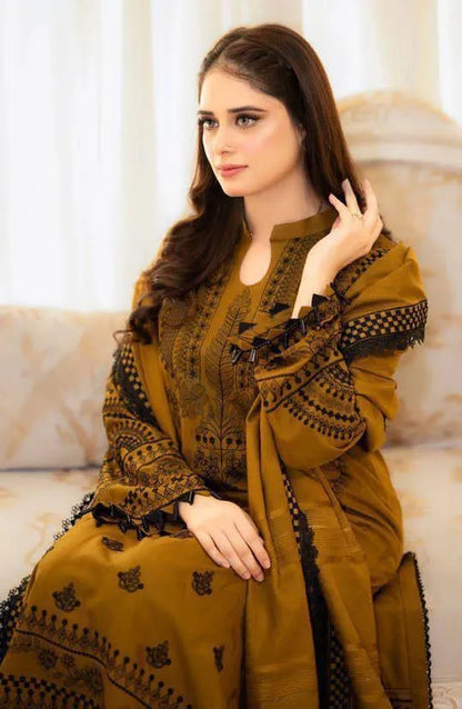 3-Piece Dhanak Embroidered Suit Yellow Black