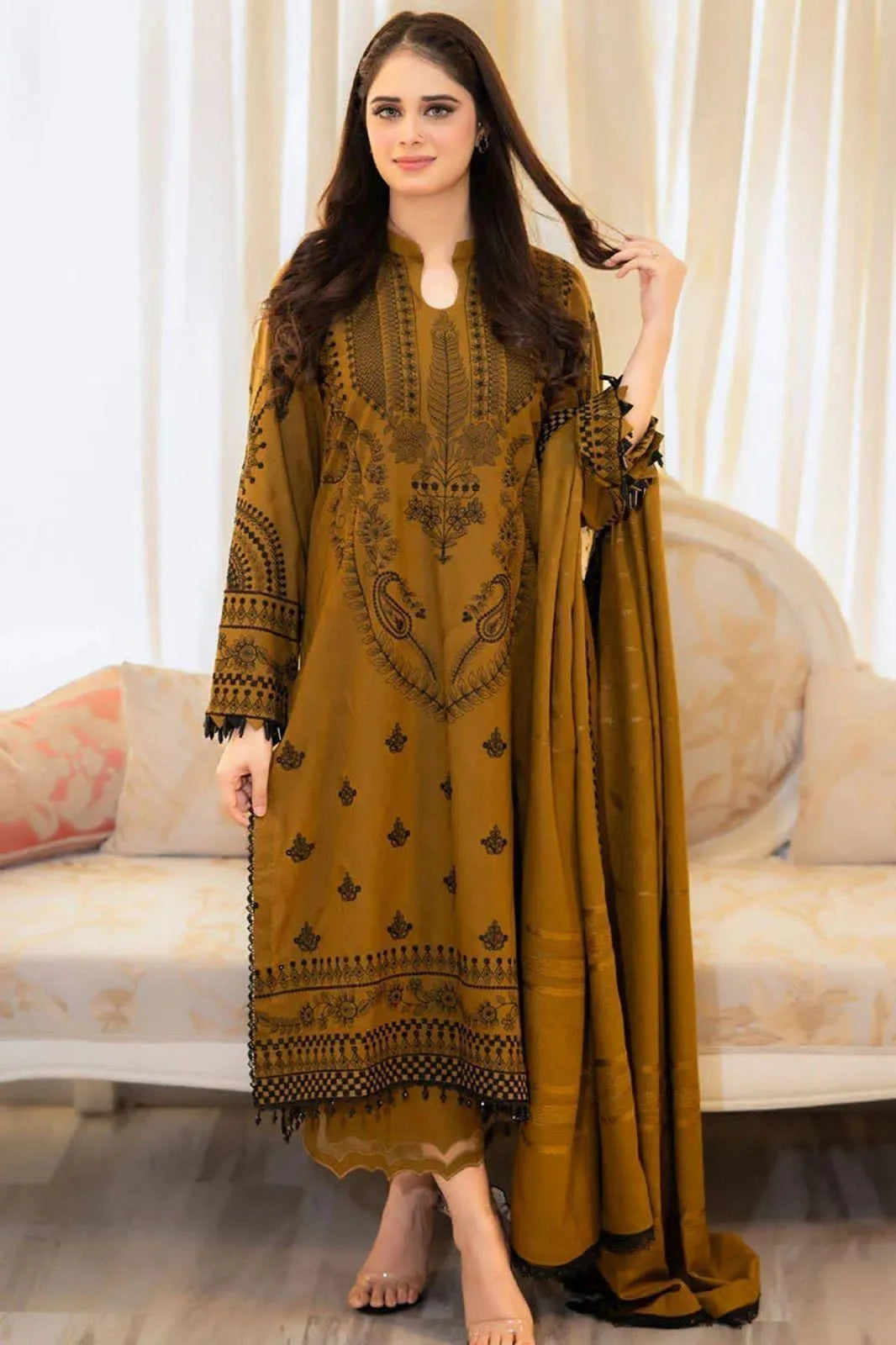 3-Piece Dhanak Embroidered Suit Yellow Black