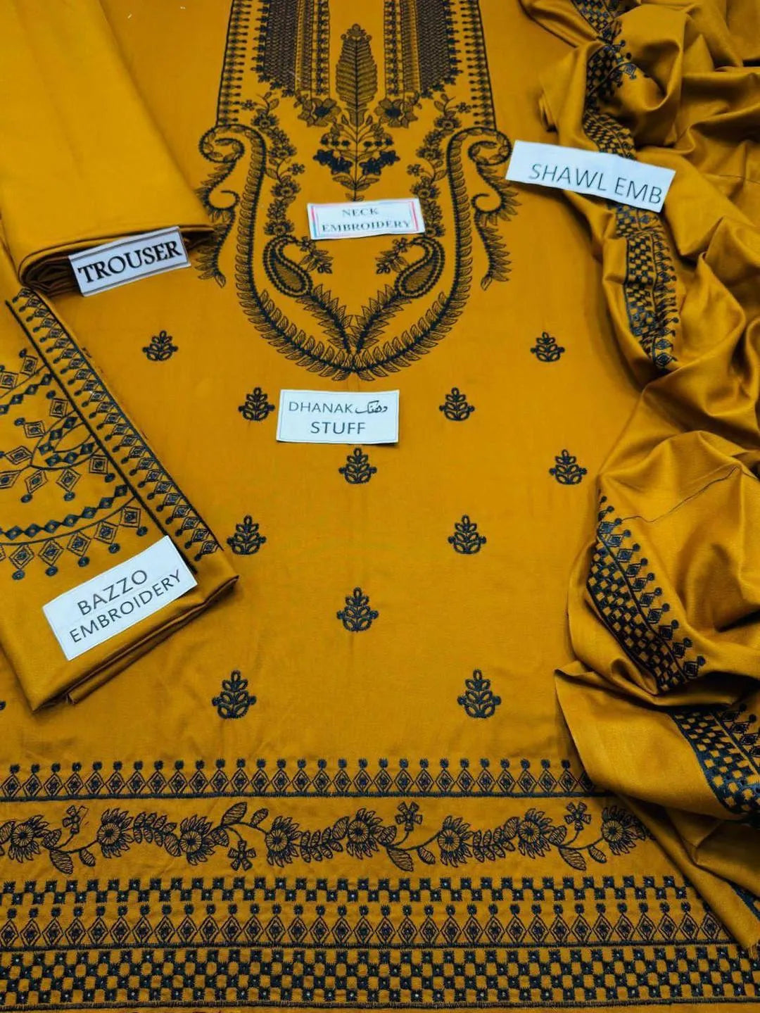 3-Piece Dhanak Embroidered Suit Yellow Black