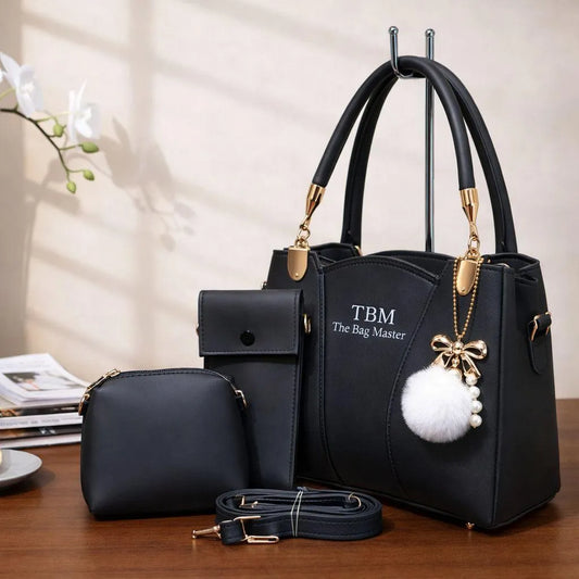 TBM 3 Piece Handbag Set Black Rexine for Women