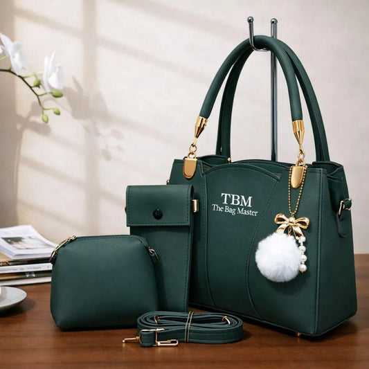 TBM 3 Piece Handbag Set Black Rexine for Women