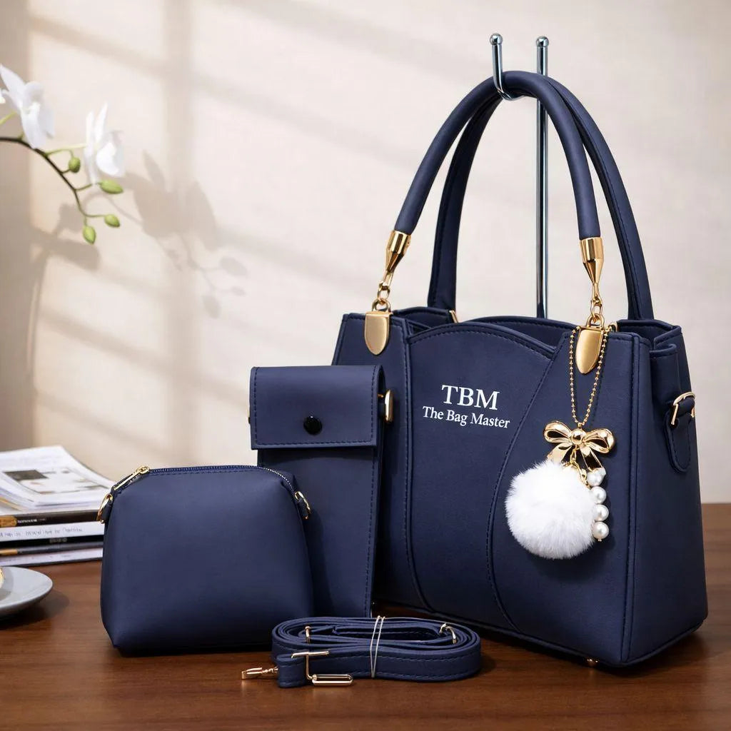 TBM 3 Piece Handbag Set Black Rexine for Women