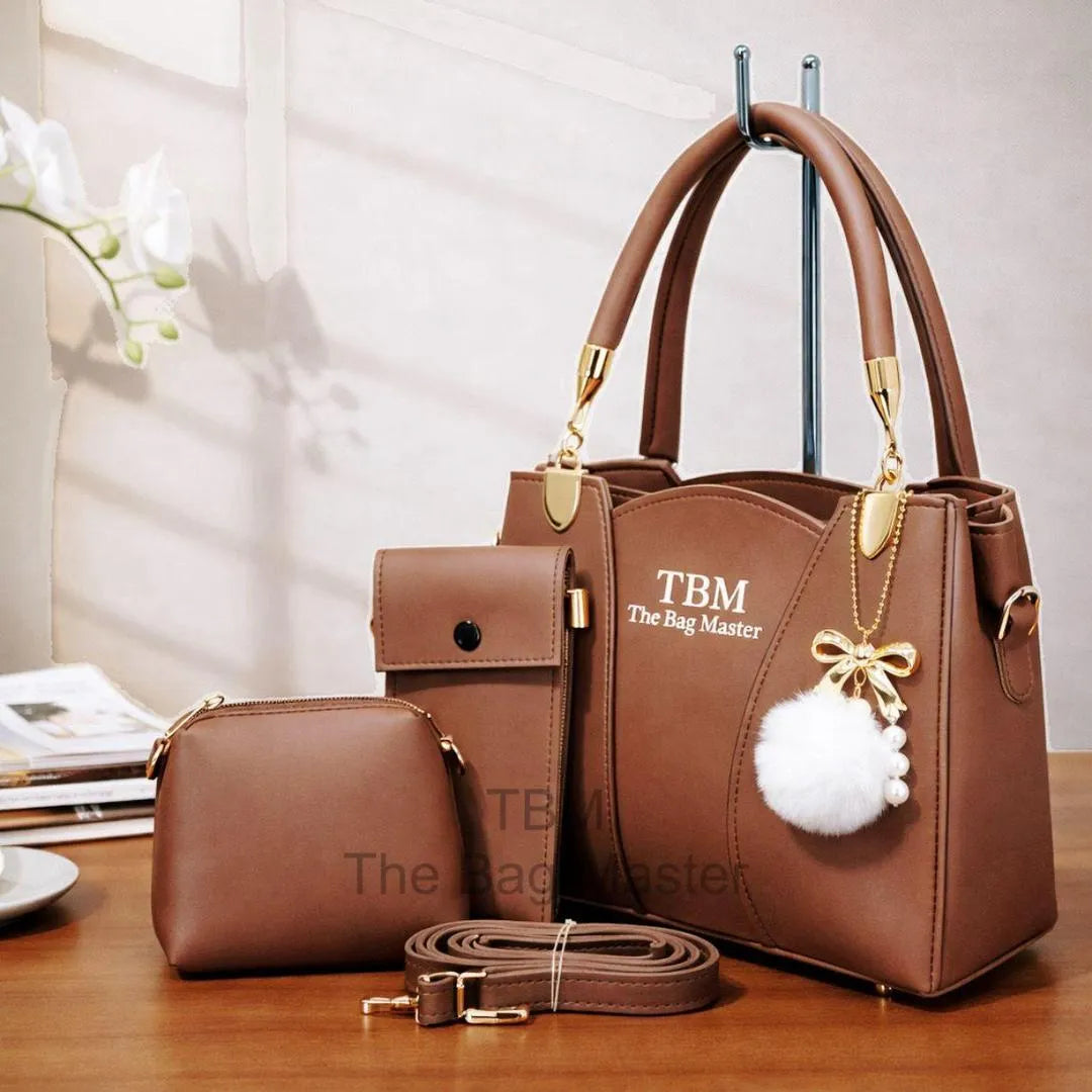 TBM 3 Piece Handbag Set Black Rexine for Women