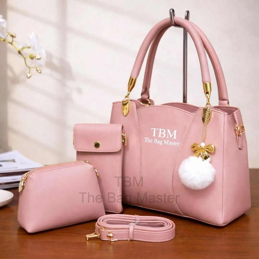 TBM 3 Piece Handbag Set Black Rexine for Women