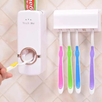 Touch-Free Toothpaste Dispenser with Brush Holder, White ABS Plastic, No Tools Required