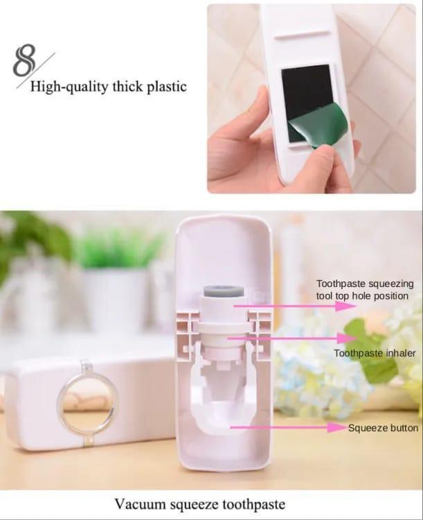 Touch-Free Toothpaste Dispenser with Brush Holder, White ABS Plastic, No Tools Required