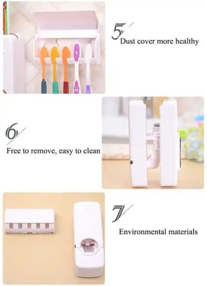 Touch-Free Toothpaste Dispenser with Brush Holder, White ABS Plastic, No Tools Required