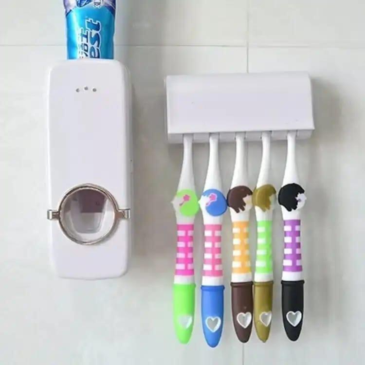 Touch-Free Toothpaste Dispenser with Brush Holder, White ABS Plastic, No Tools Required