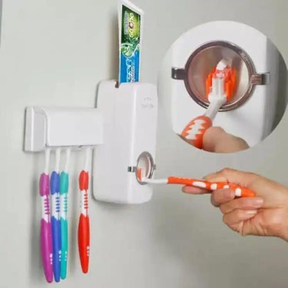 Touch-Free Toothpaste Dispenser with Brush Holder, White ABS Plastic, No Tools Required