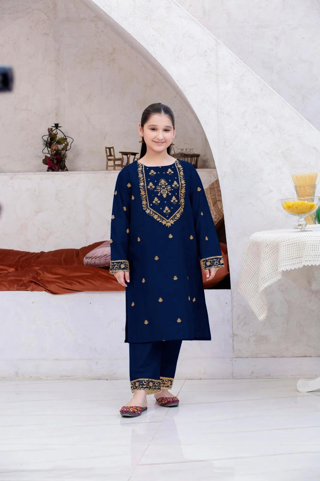Girls Linen Embroidered Suit Blue 1-12Yrs