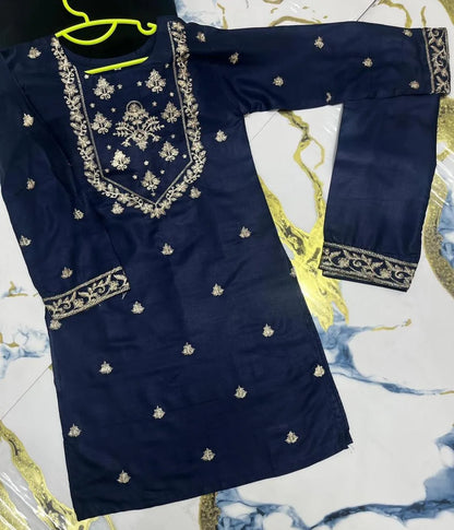 Girls Linen Embroidered Suit Blue 1-12Yrs