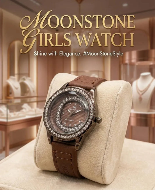 Moonstone Girls Watch Brown Leather Crystal Accents