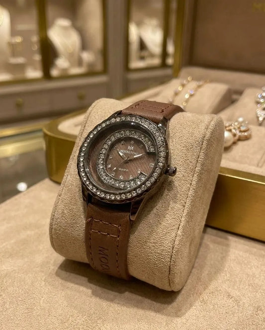 Moonstone Girls Watch Brown Leather Crystal Accents