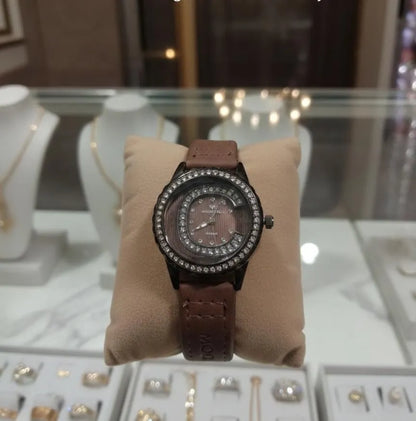 Moonstone Girls Watch Brown Leather Crystal Accents