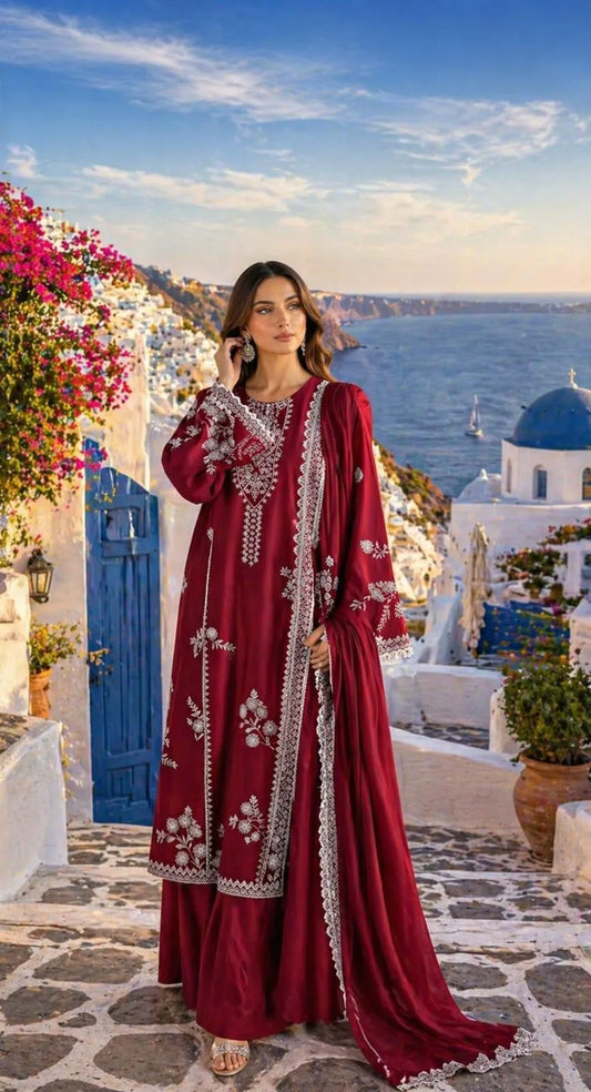 Maroon Embroidered Lawn 2Pcs Shirt Trouser Set
