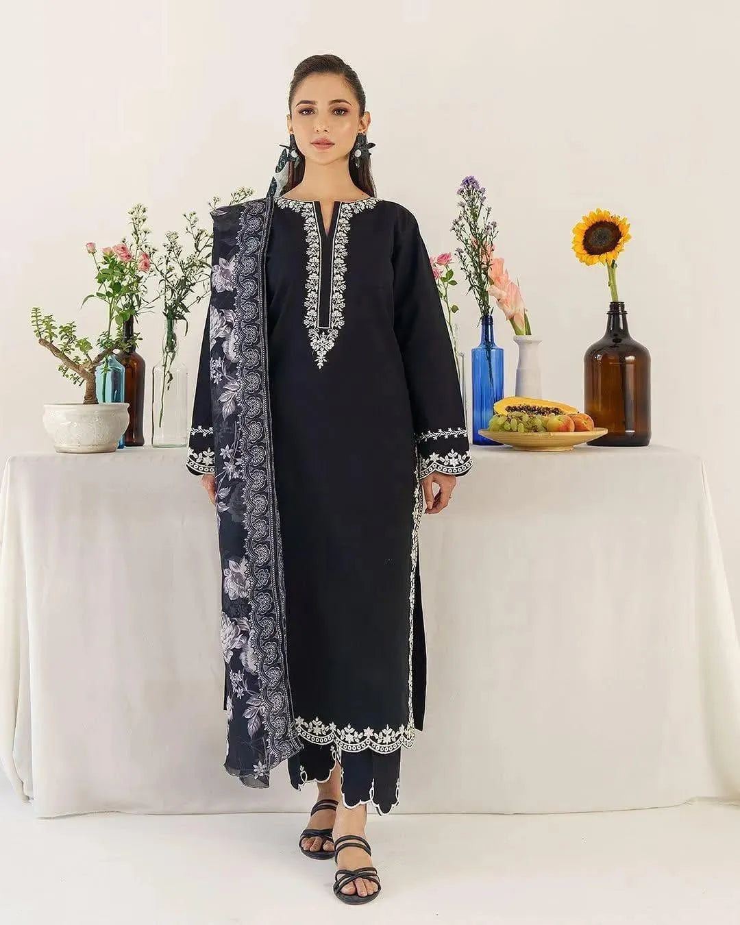 Black Embroidered Kurta Set with Shawl for Women