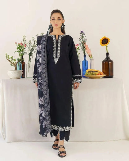 Black Embroidered Kurta Set with Shawl for Women