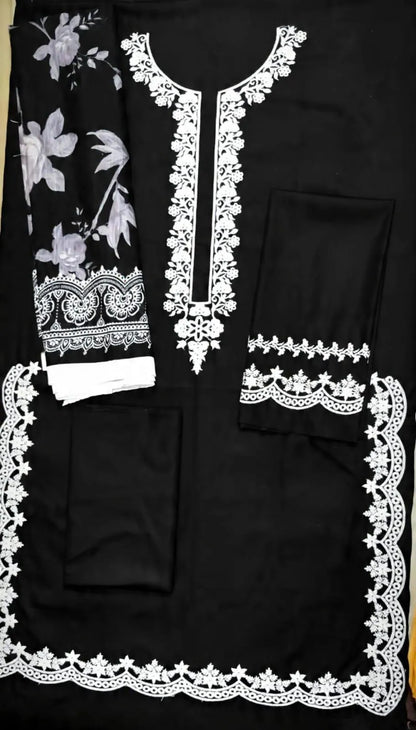 Black Embroidered Kurta Set with Shawl for Women