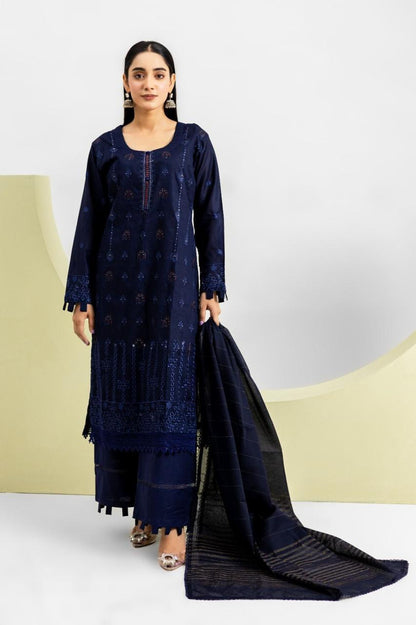 Navy Blue Lawn 3-Piece Suit for Women with Embroidery