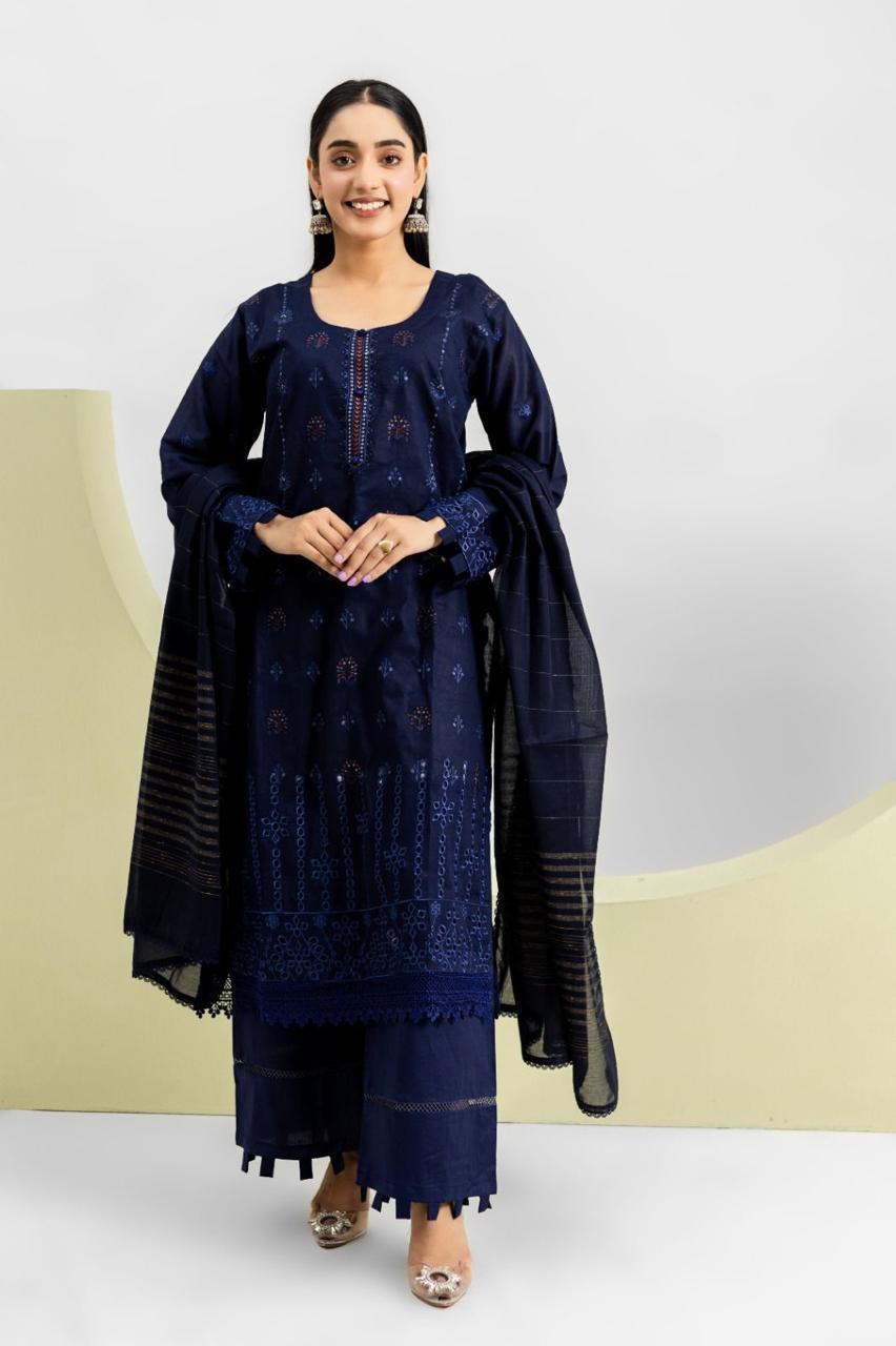 Navy Blue Lawn 3-Piece Suit for Women with Embroidery