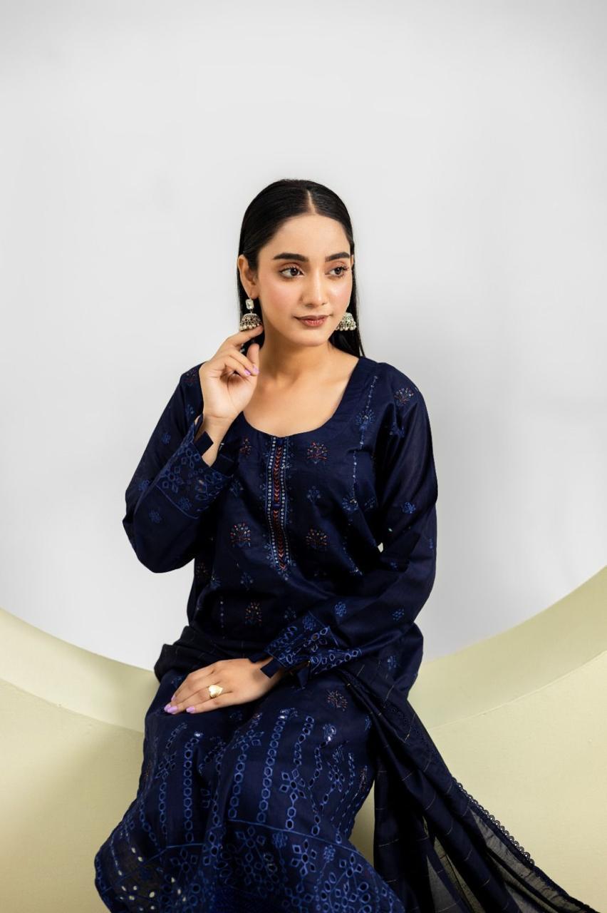 Navy Blue Lawn 3-Piece Suit for Women with Embroidery